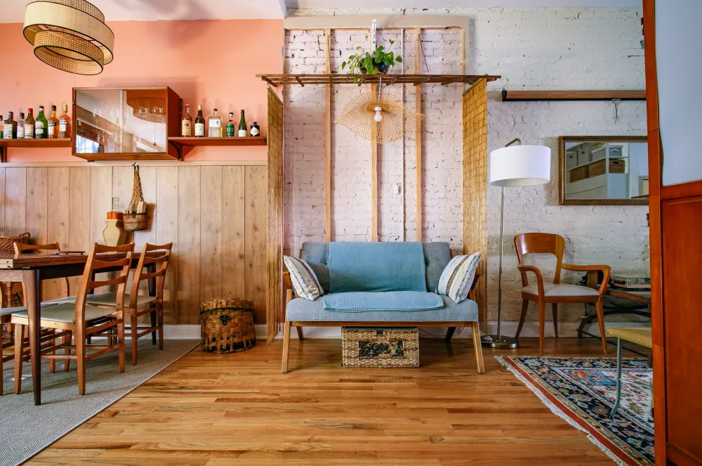 Cozy living room with eclectic decor.