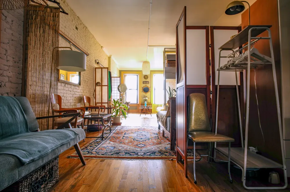 Cozy living room with plants.
