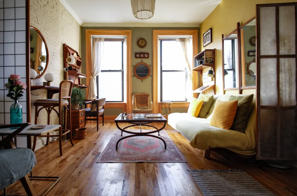 Cozy living room with sunlight.