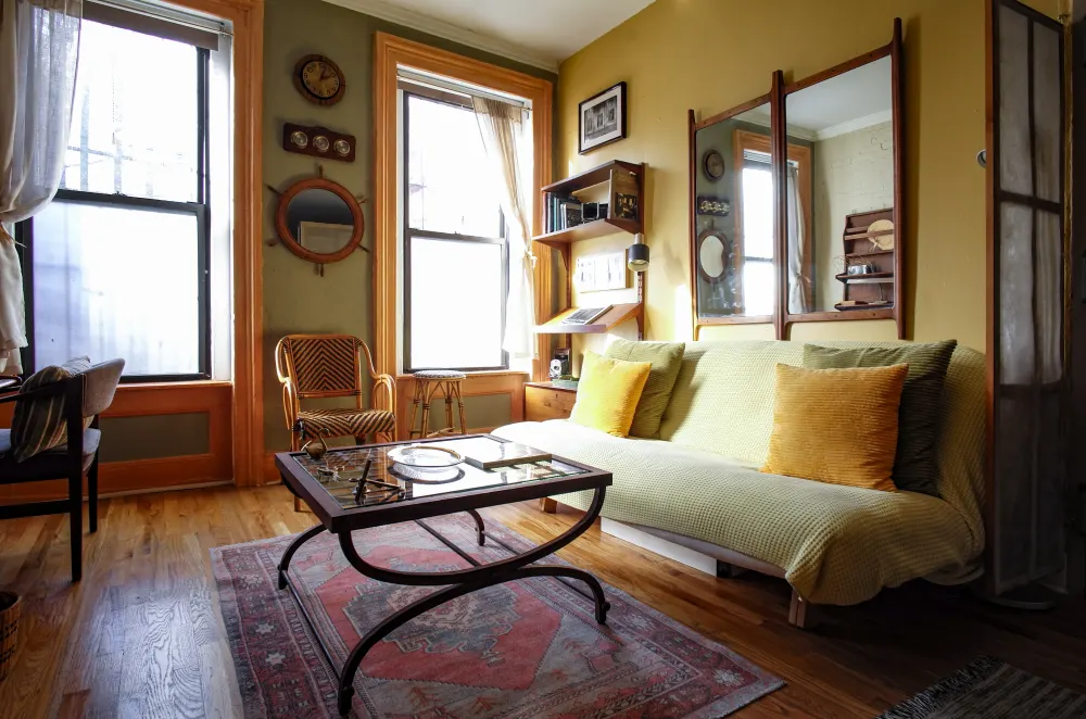 Cozy living room with sunlight.