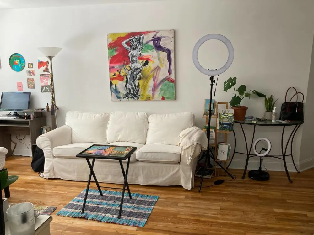 Cozy living room with artwork.