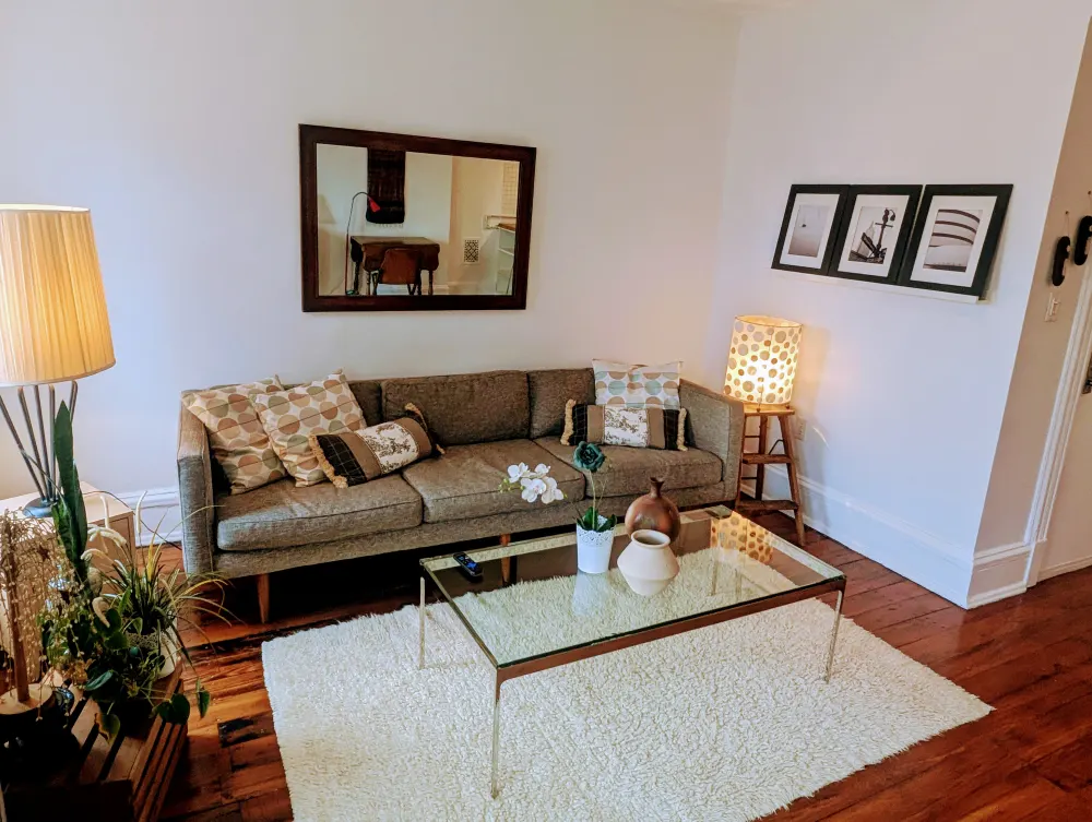 Modern, cozy living room setup.