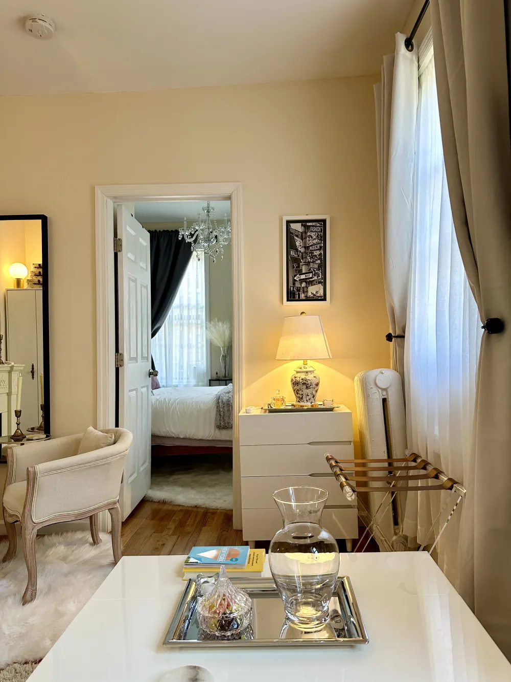 Elegant, cozy, sunlit bedroom suite.