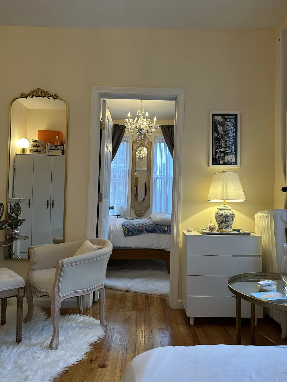 Elegant, cozy apartment with chandelier.