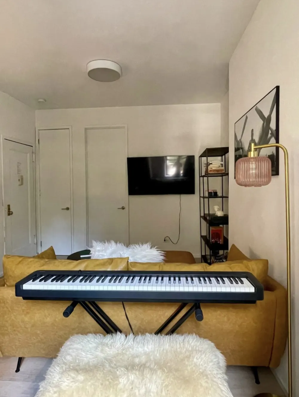 Cozy living room with keyboard.