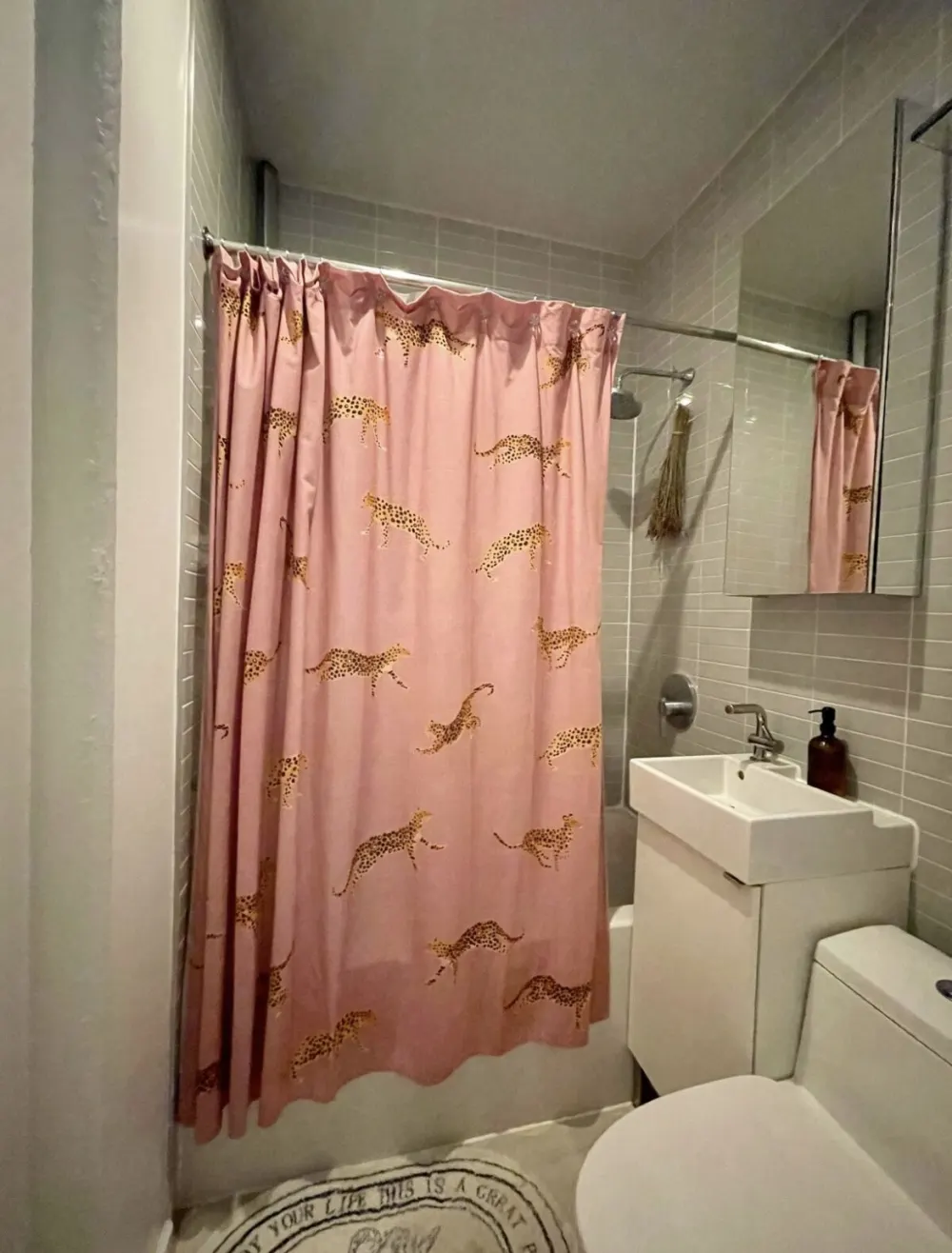 Modern bathroom with pink cheetah curtain.