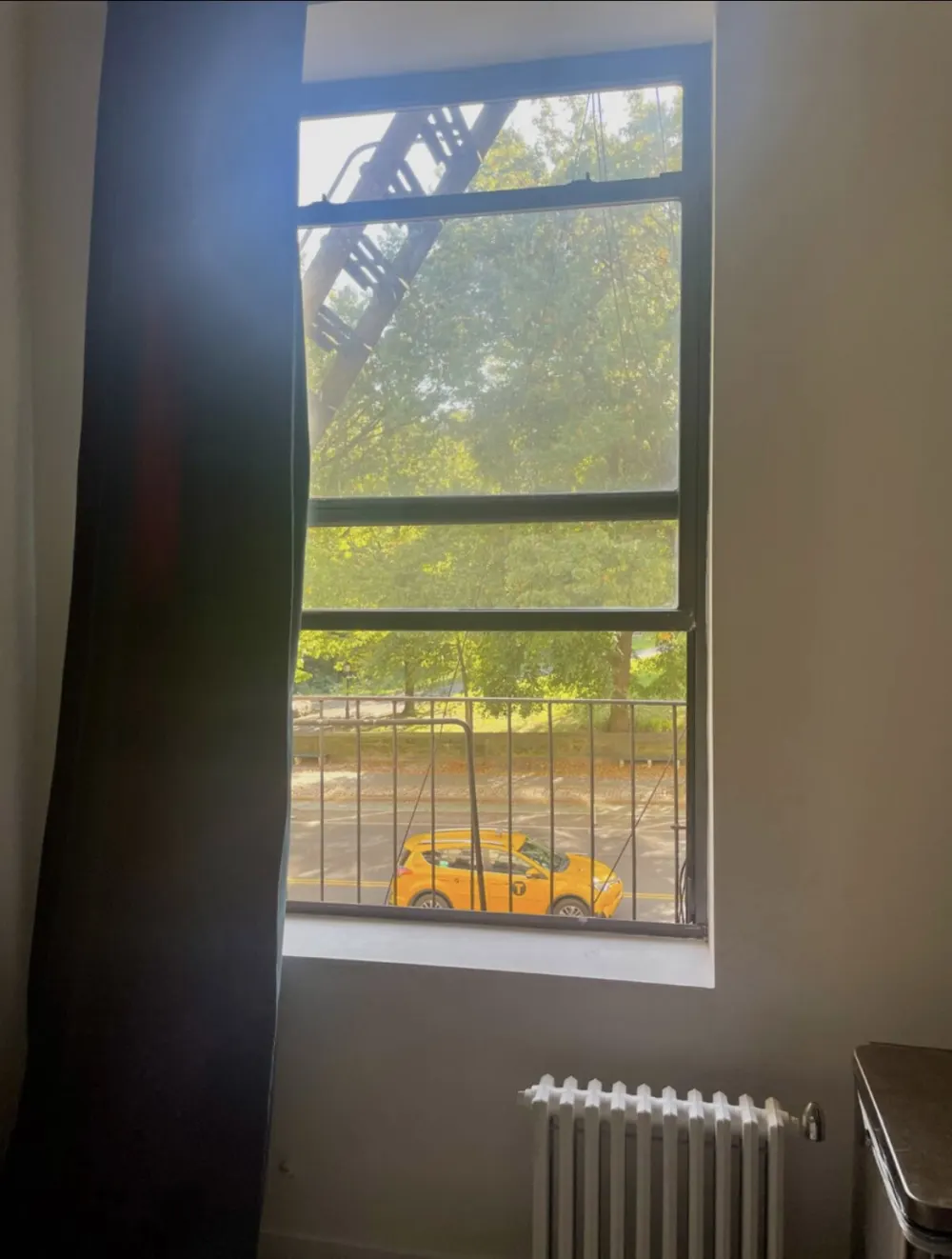 Open window, yellow car, trees.