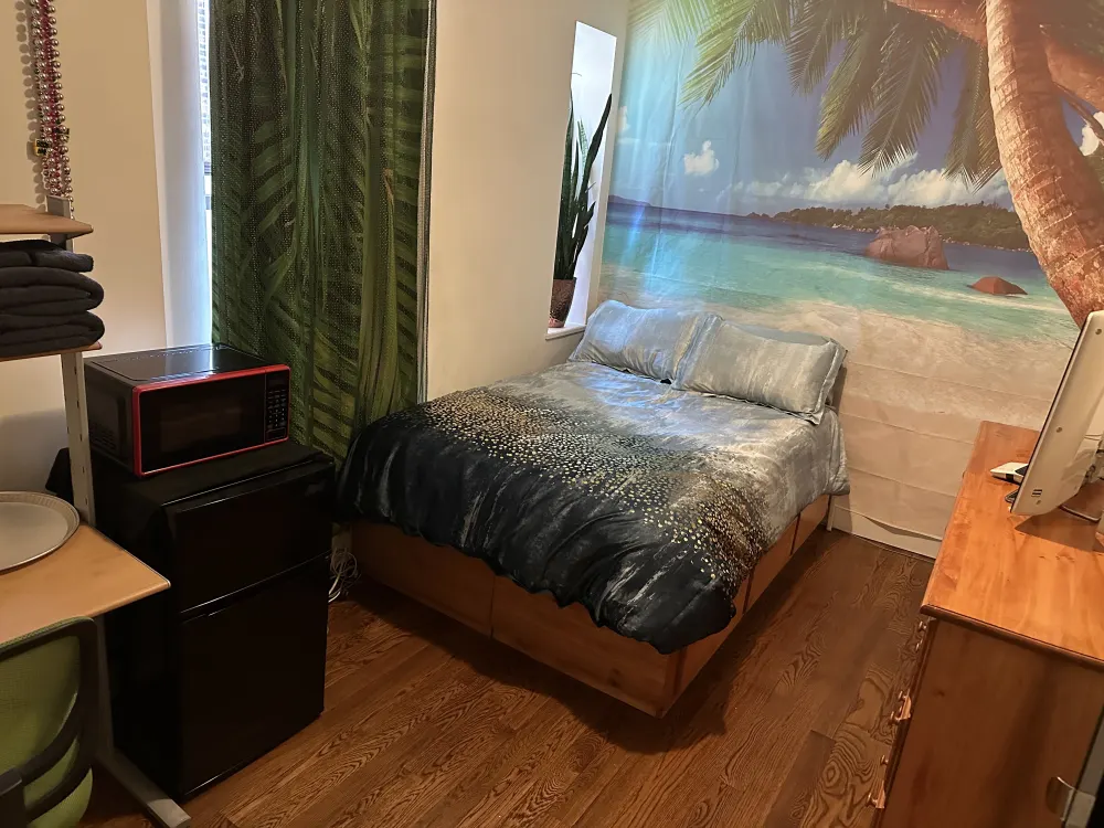 Cozy bedroom with tropical decor.