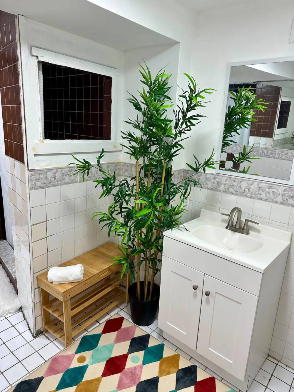 Bathroom with plant and rug.