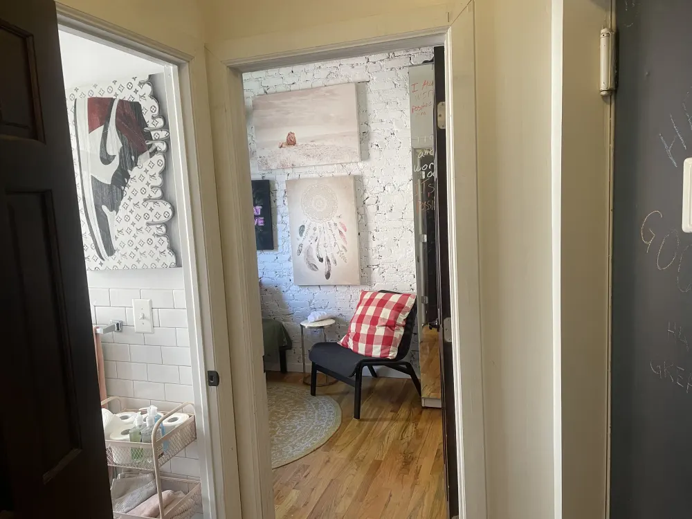 Cozy room with artistic decor.