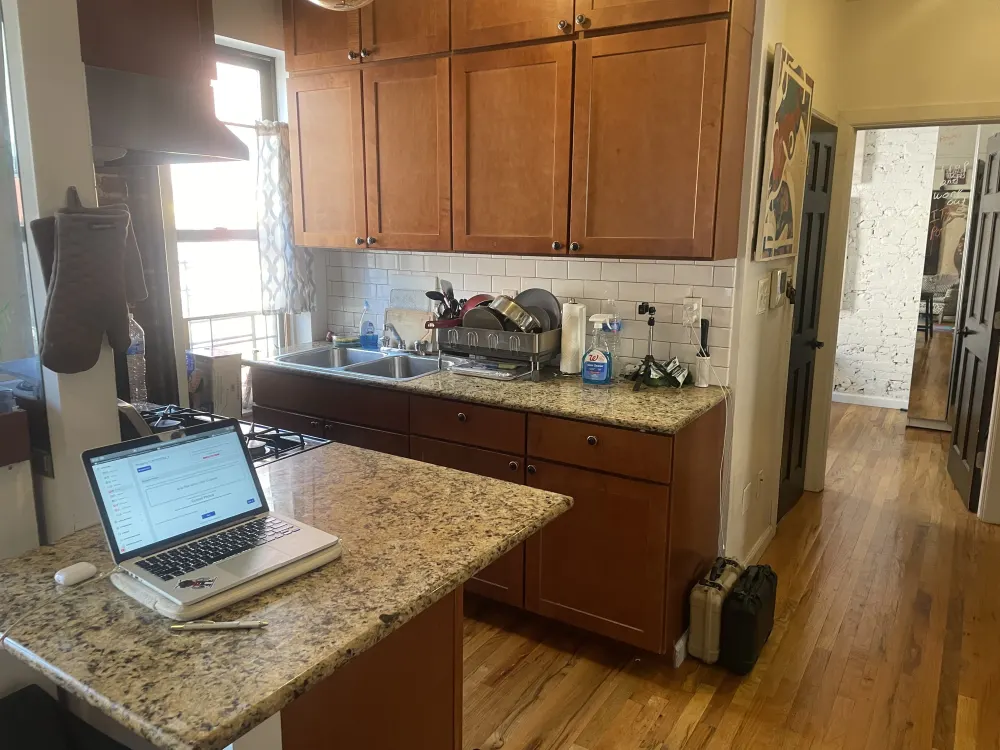 Modern kitchen with wooden cabinets.