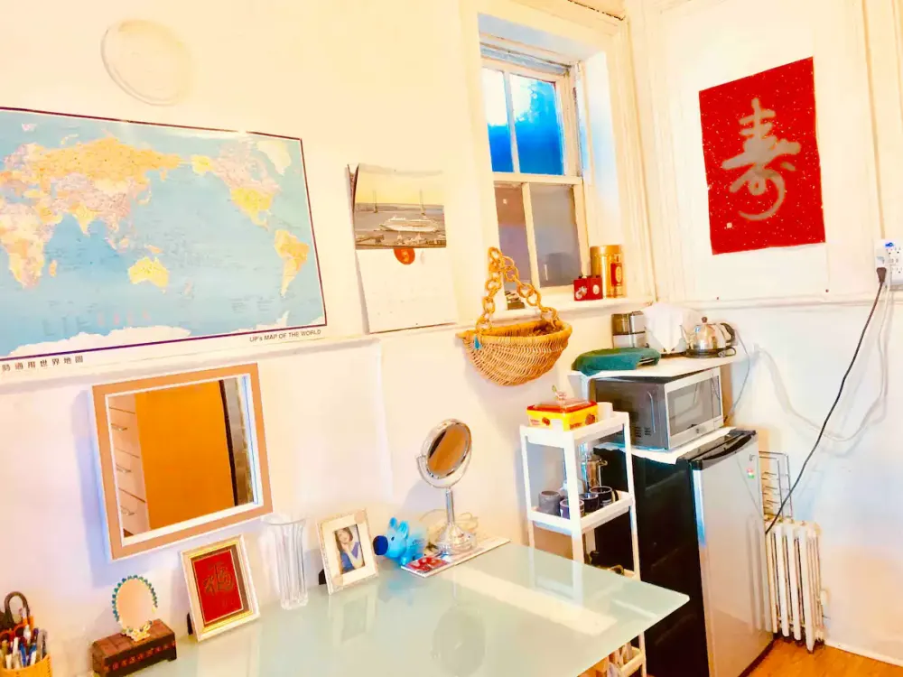 Cozy room with desk area.