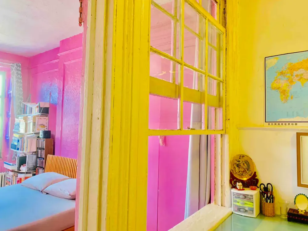 Vibrant room with colorful decor.