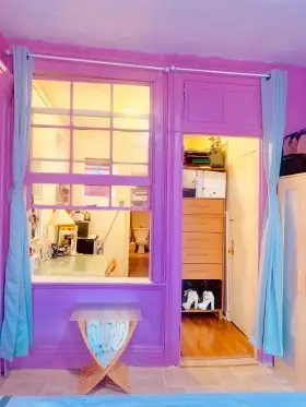 Cozy room with vibrant colors.