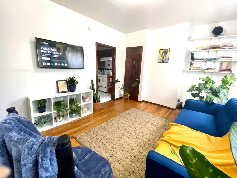 Cozy living room with plants.