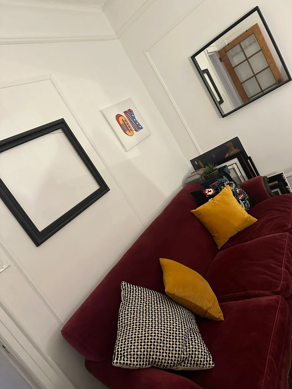 Cozy room with red couch.