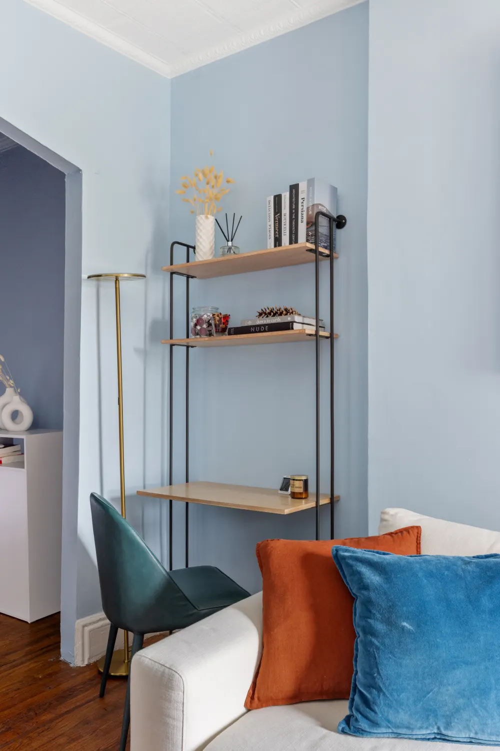 Cozy reading nook with desk.