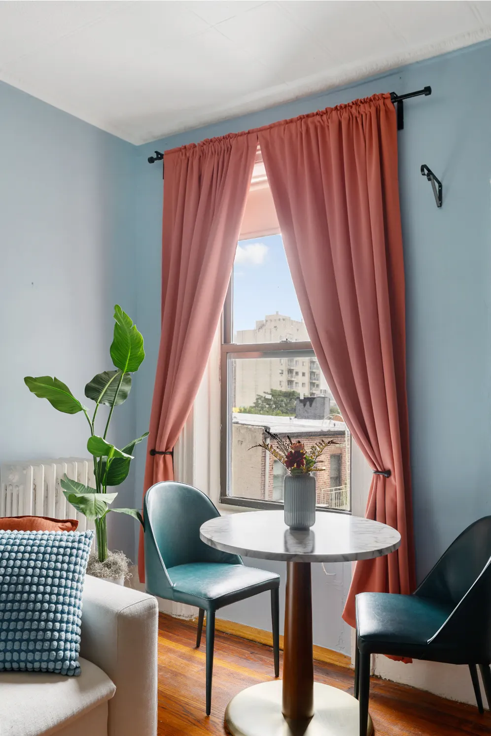 Cozy seating nook with window.