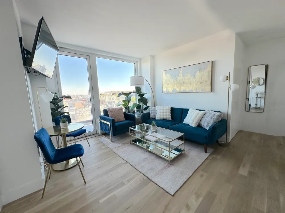 Modern living room with city views.
