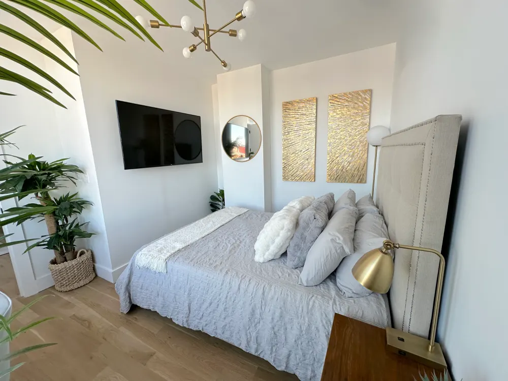 Modern bedroom with stylish decor.