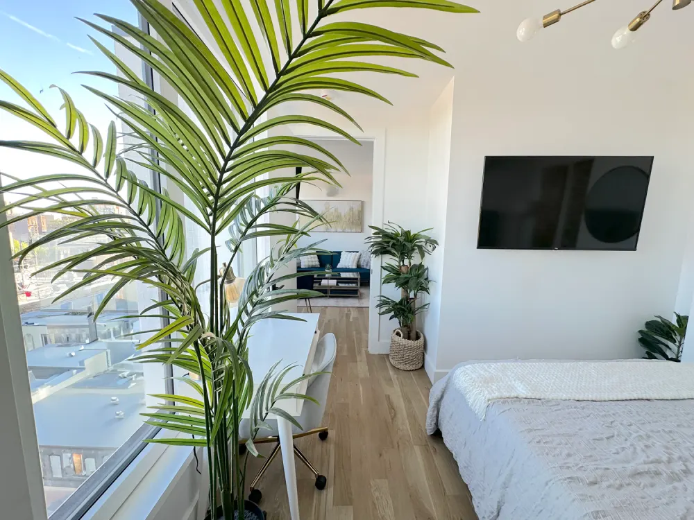 Bright, modern bedroom with plants.