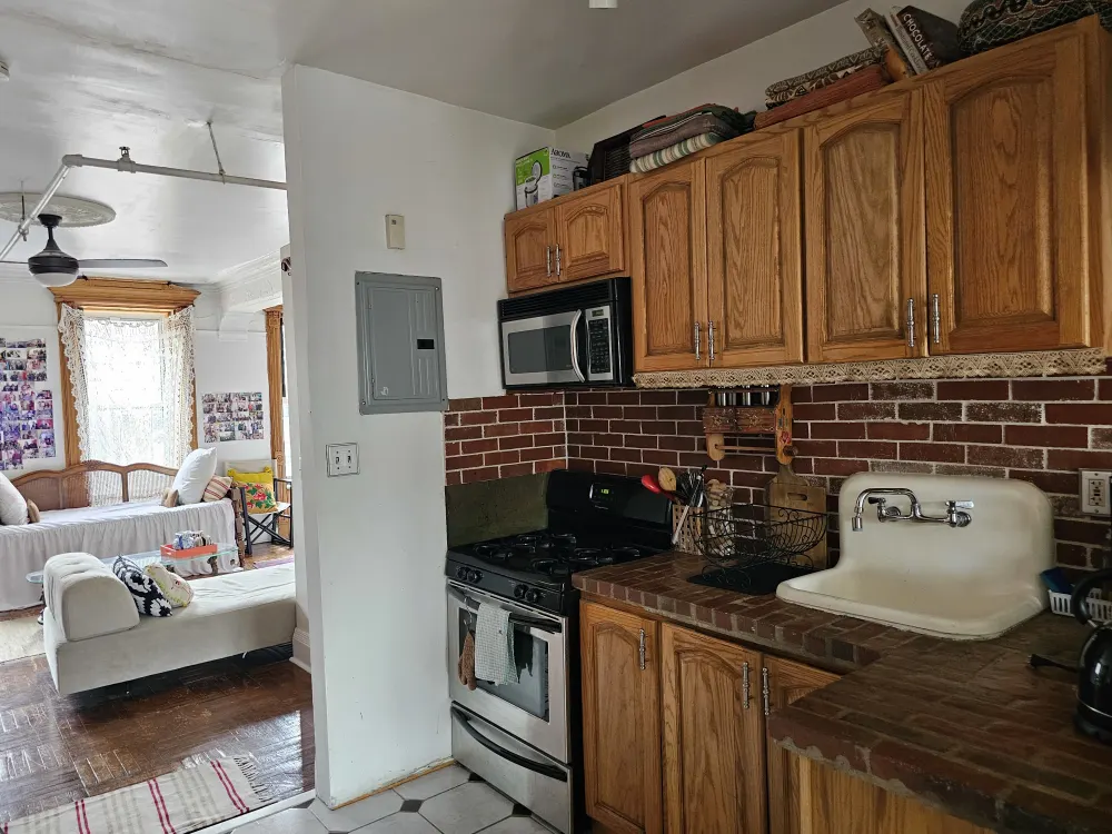 Cozy kitchen and living area.