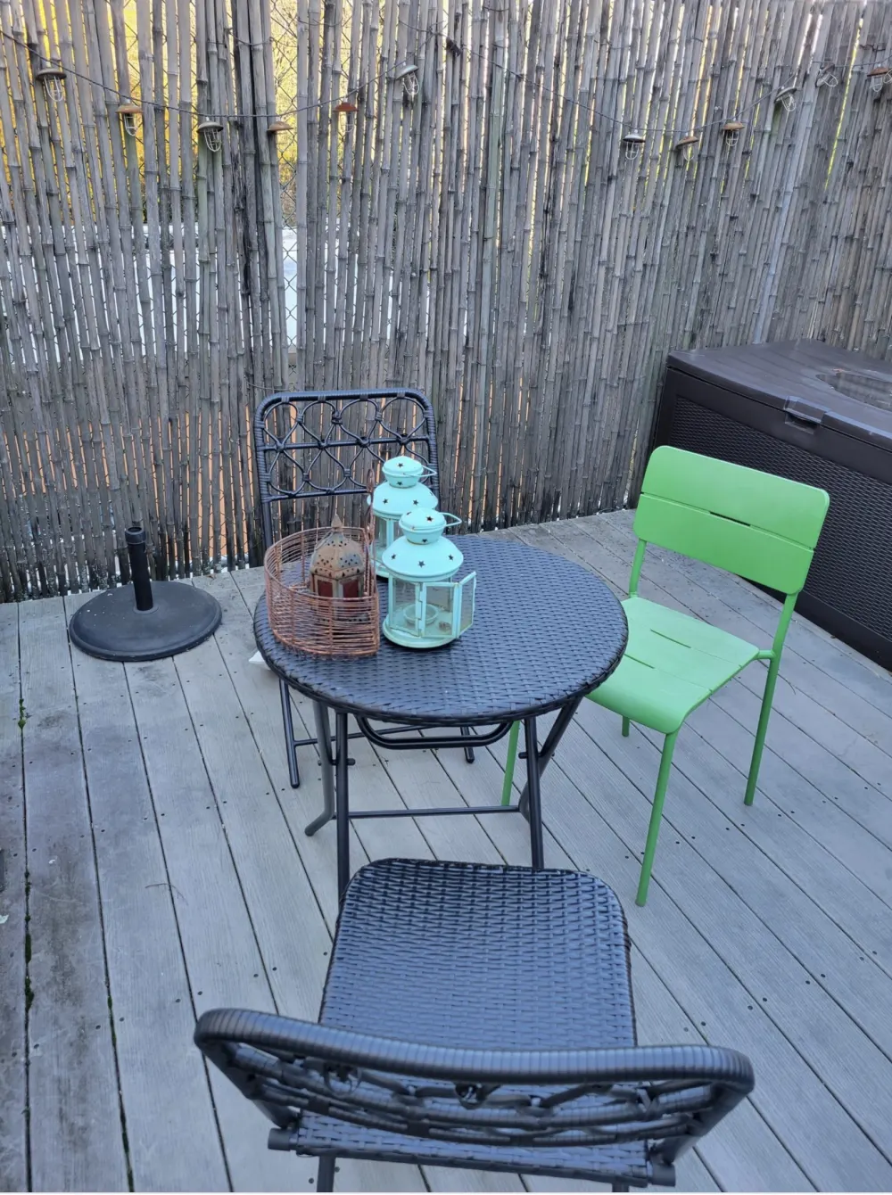 Cozy patio with eclectic seating.