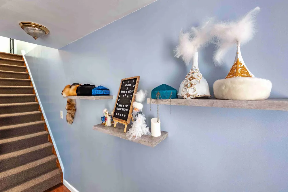 Decorative hats displayed on shelves.