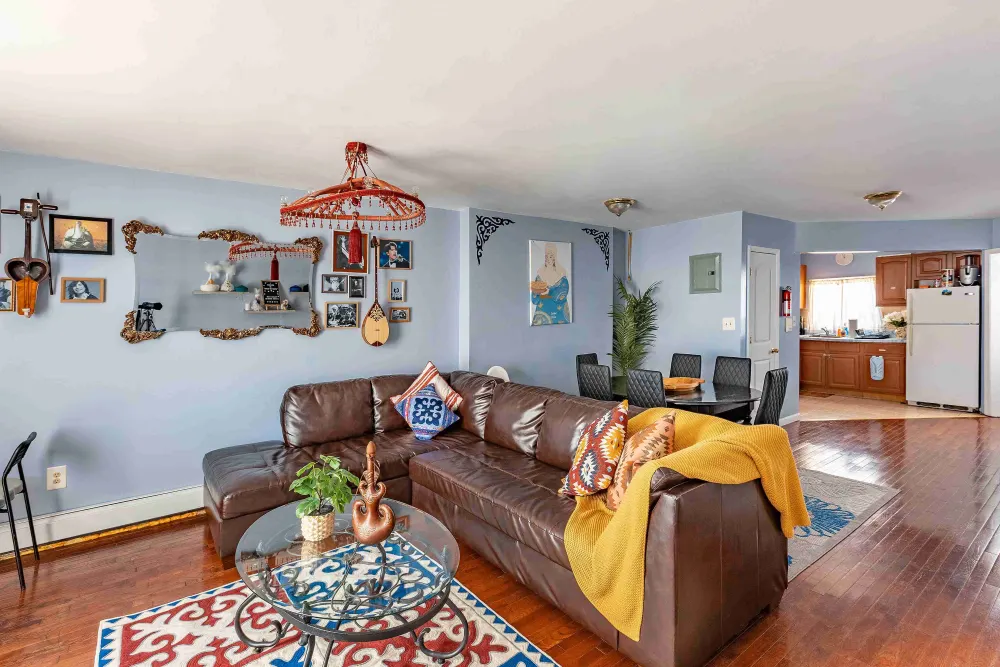 Cozy living room with decorations.