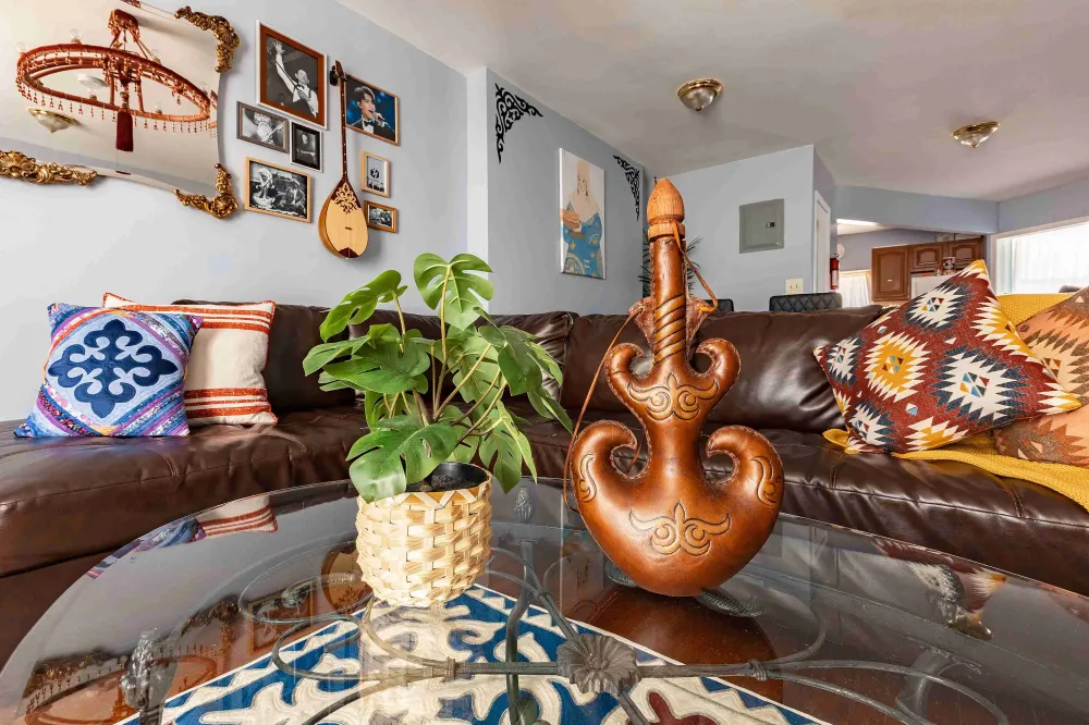 Colorful bohemian living room decor.