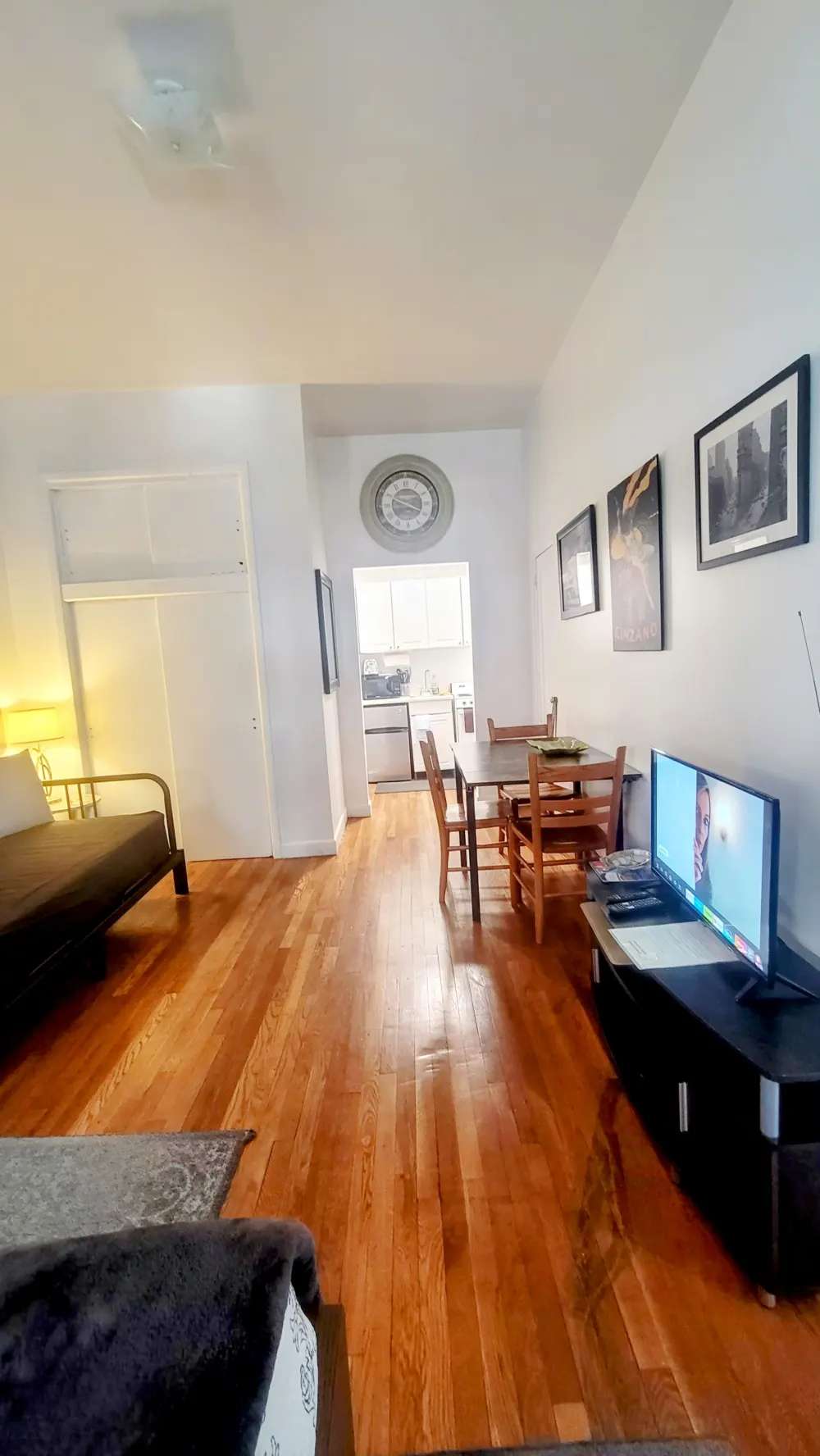 Cozy apartment with wood floors.