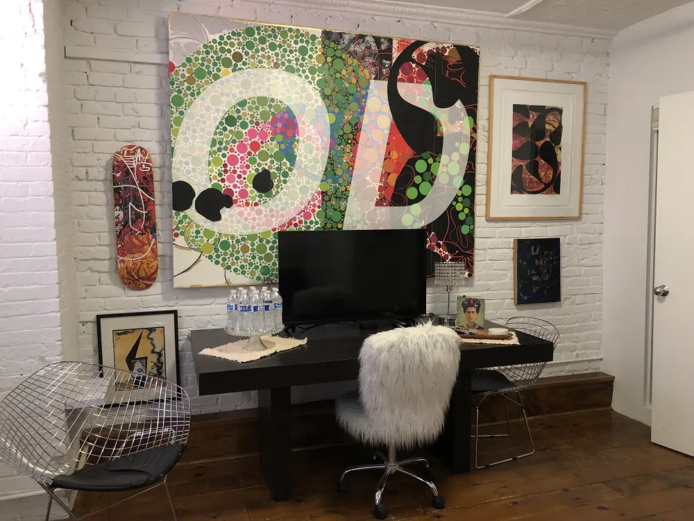 Modern workspace with eclectic decor.