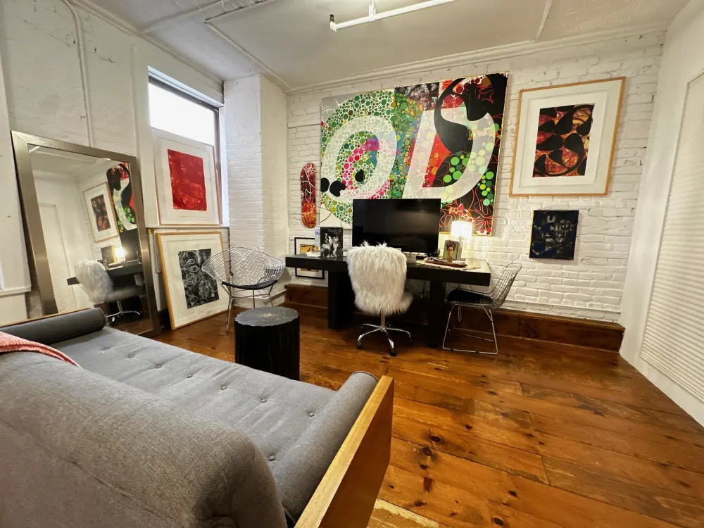 Artistic workspace with eclectic decor.