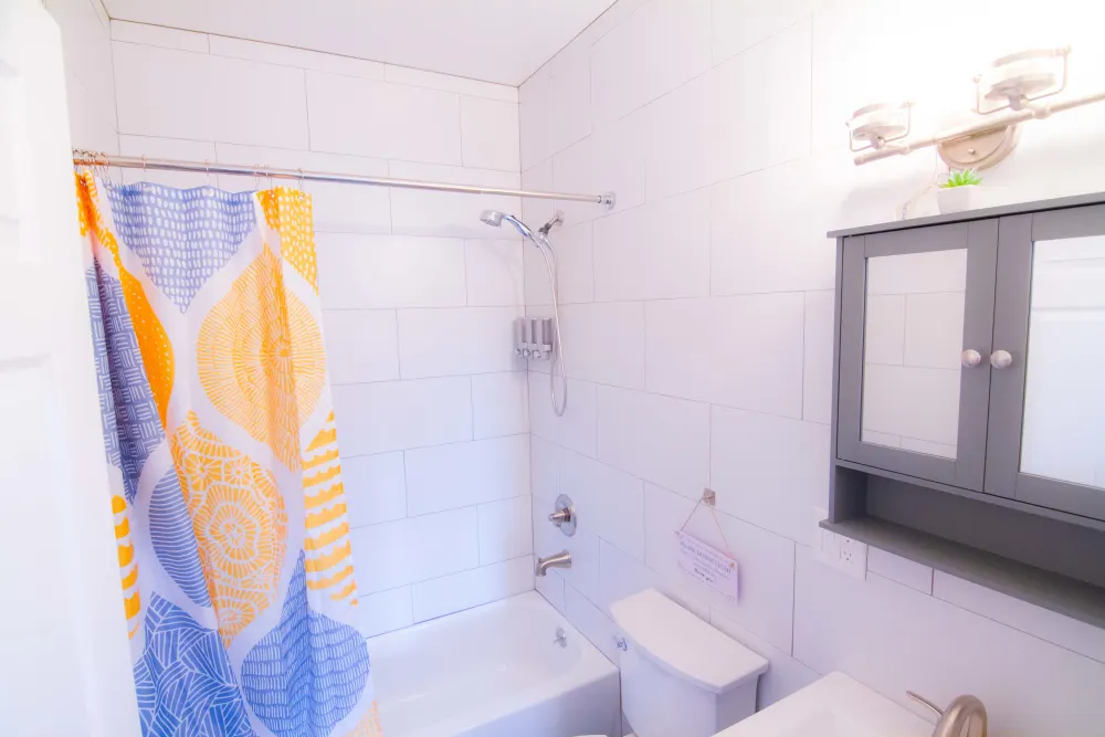 Bright bathroom with patterned shower curtain.