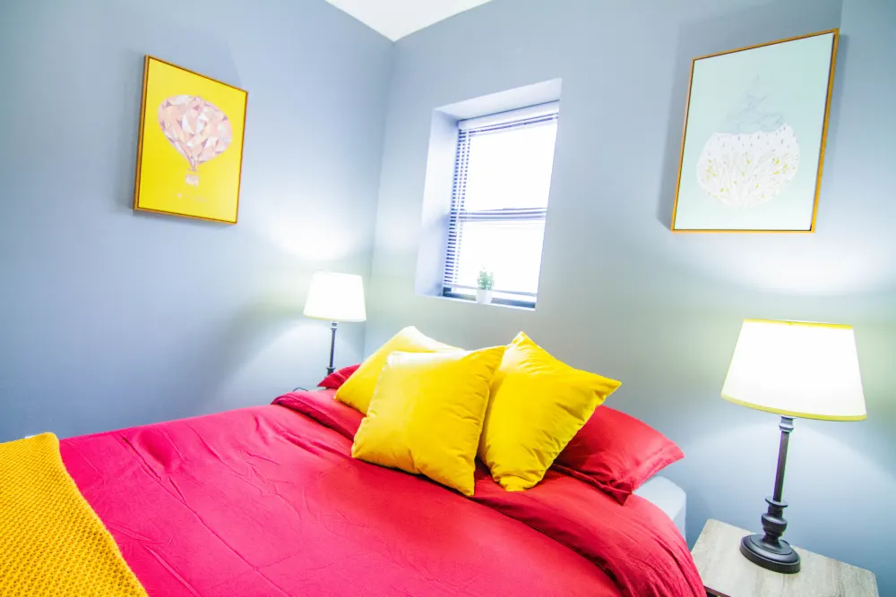 Colorful bedroom with modern decor.
