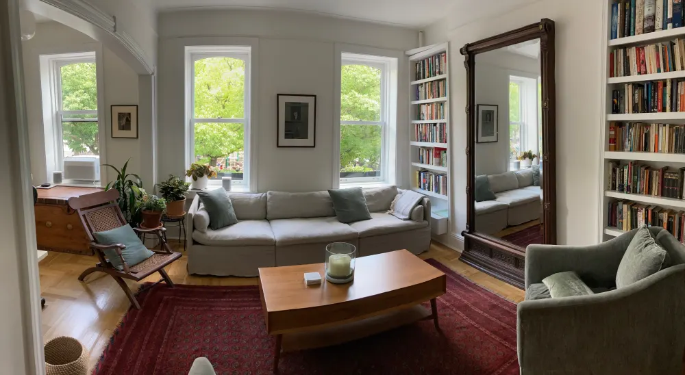 Cozy living room with greenery.