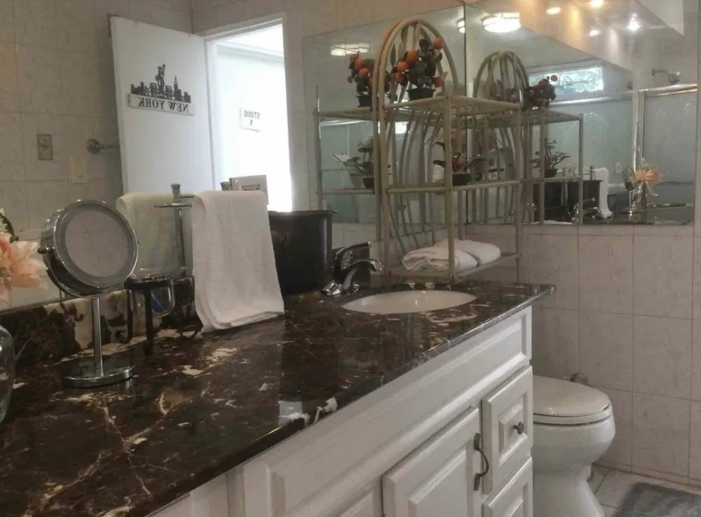 Elegant bathroom with marble countertop.