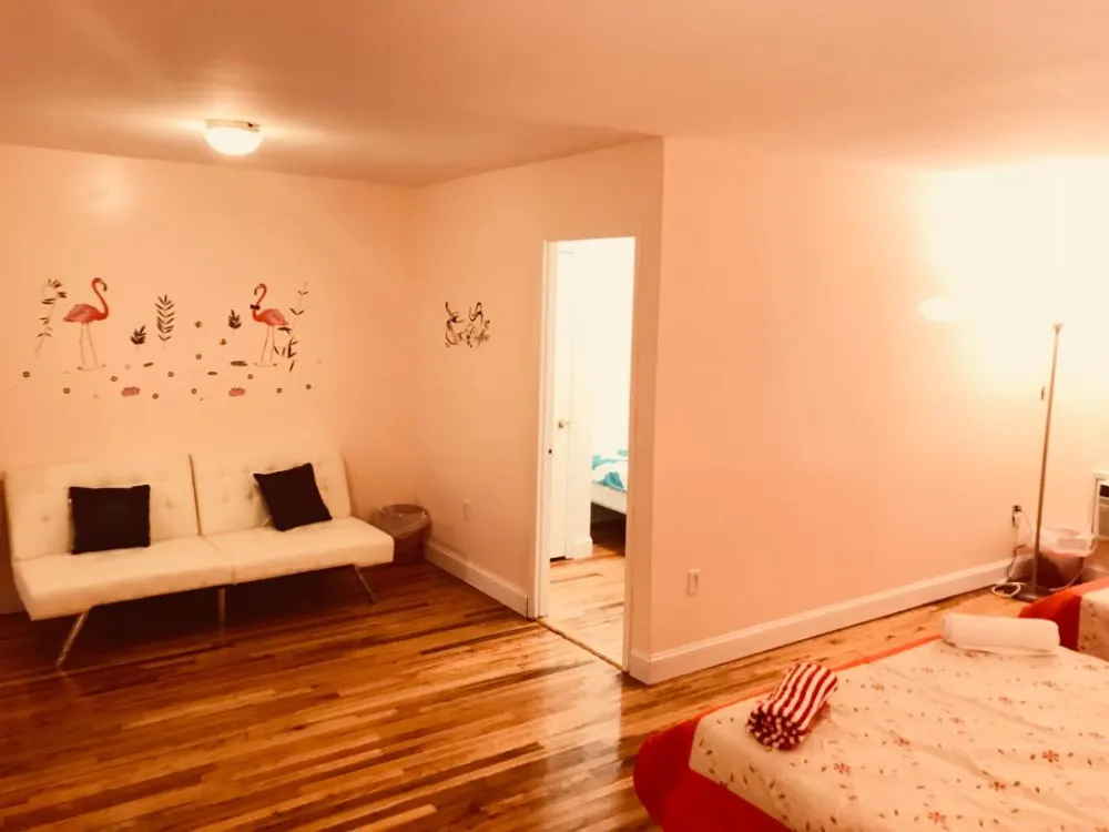 Cozy room with warm lighting.