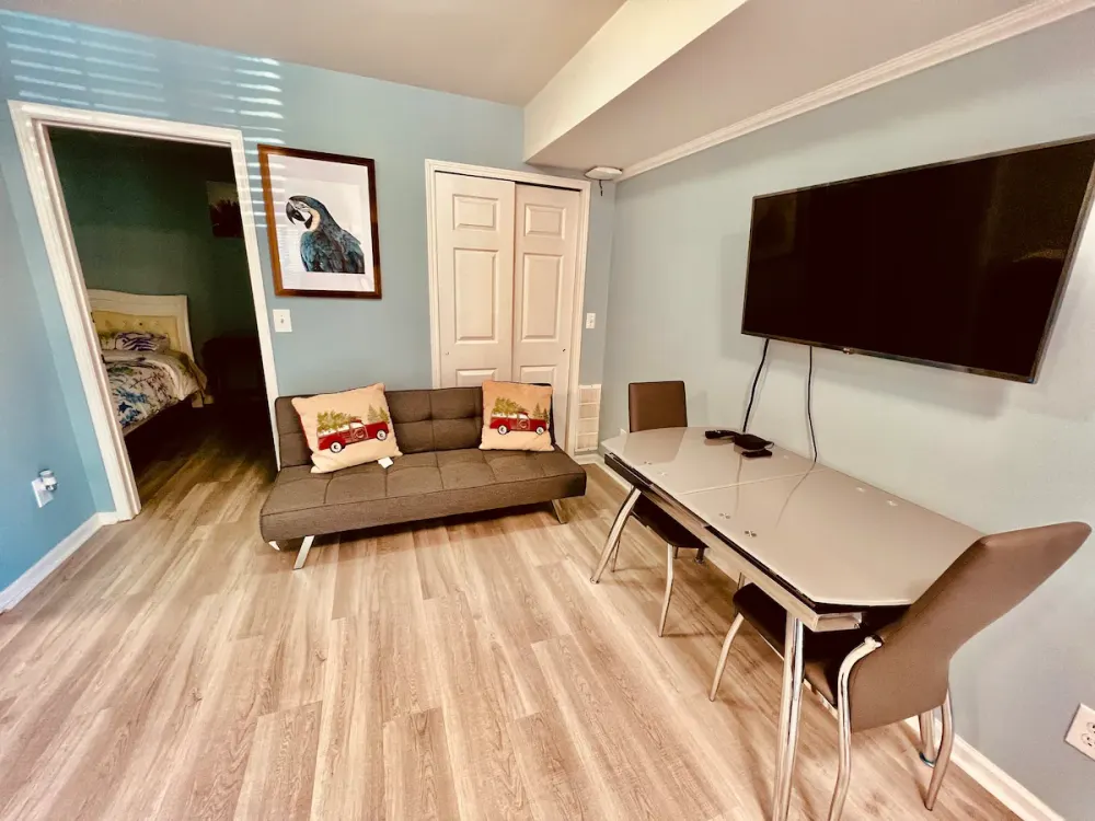 Modern living area with sofa.