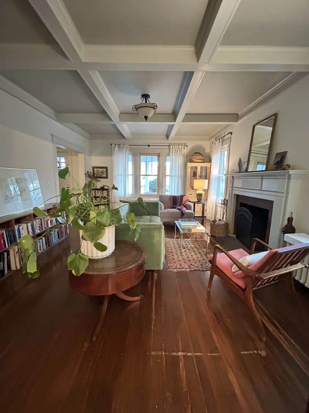 Cozy living room with fireplace.