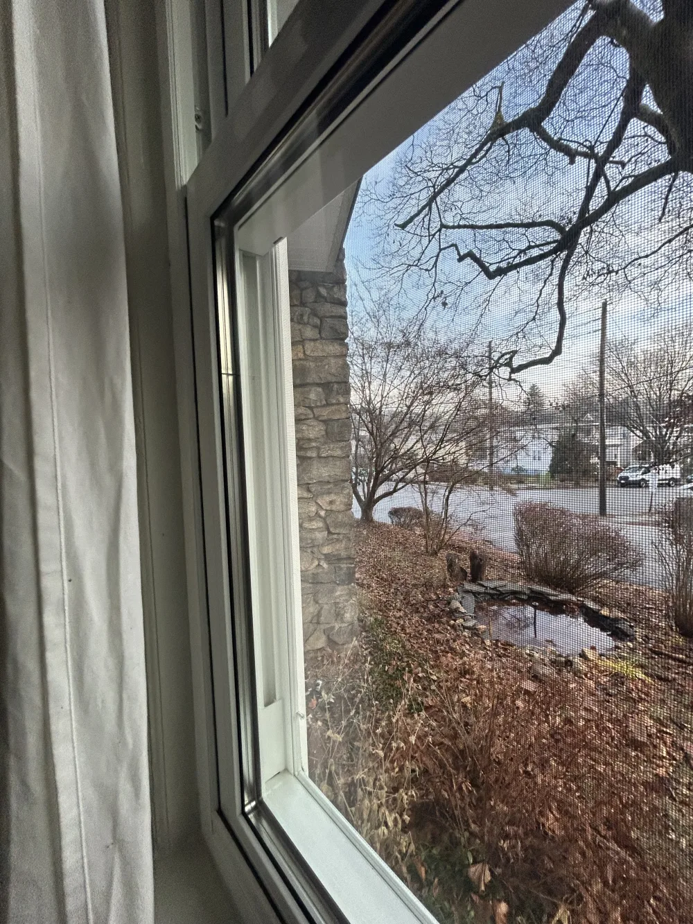 View through a window, outside.