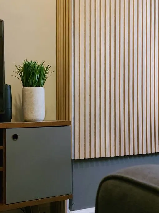 Modern room with potted plant.