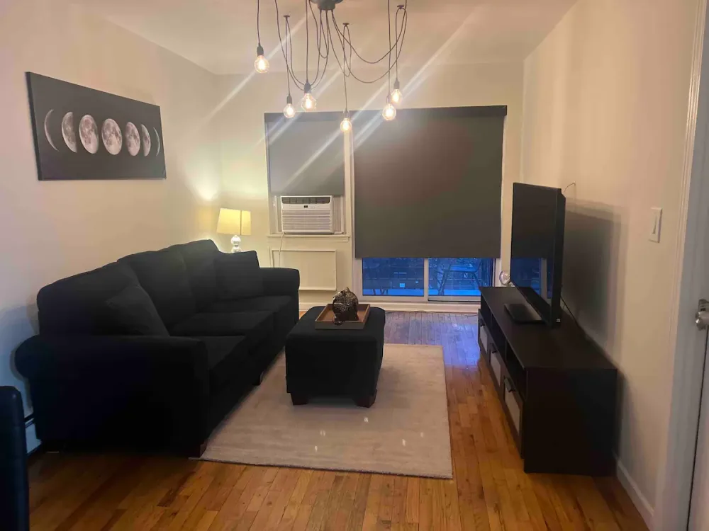 Cozy living room, black sofa