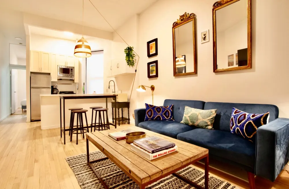 Cozy, modern living room and kitchen.