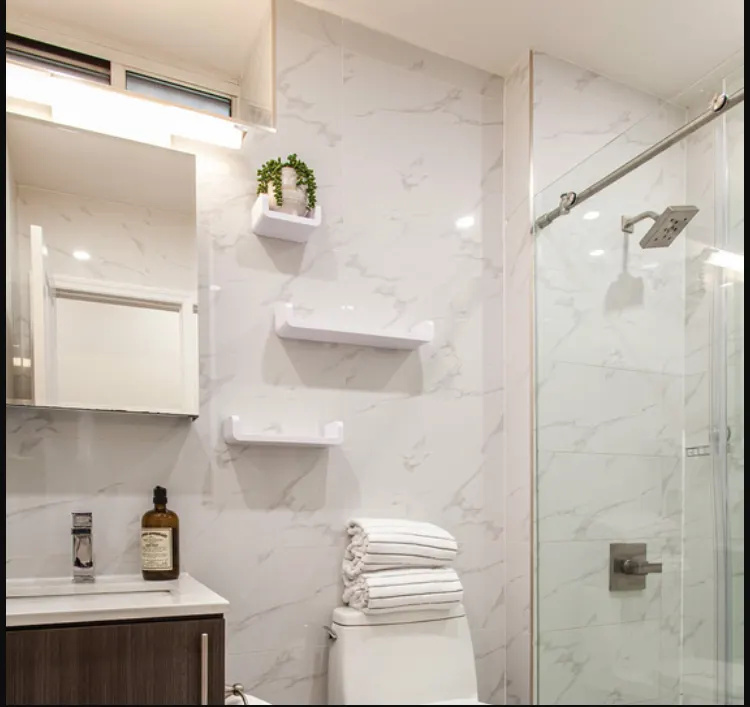 Modern bathroom with glass shower.