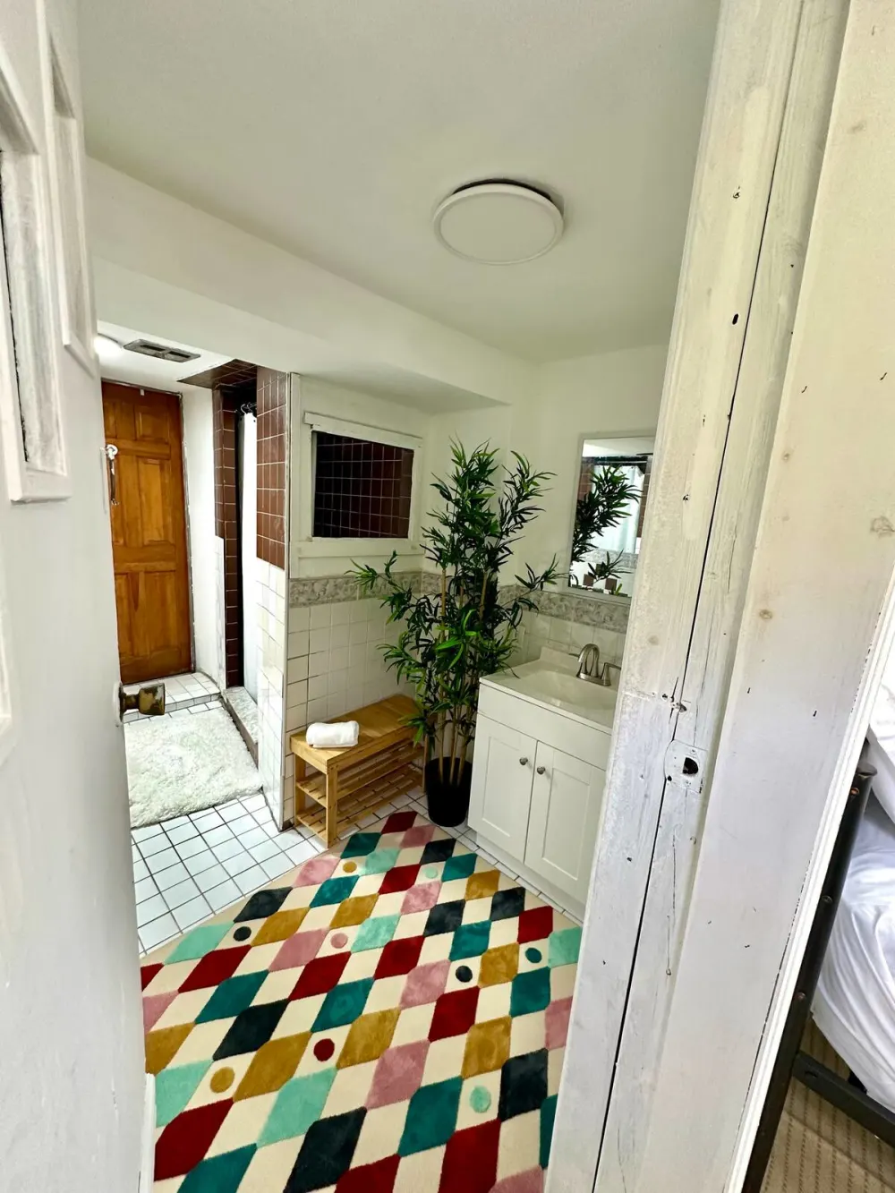 Colorful rug in cozy bathroom.