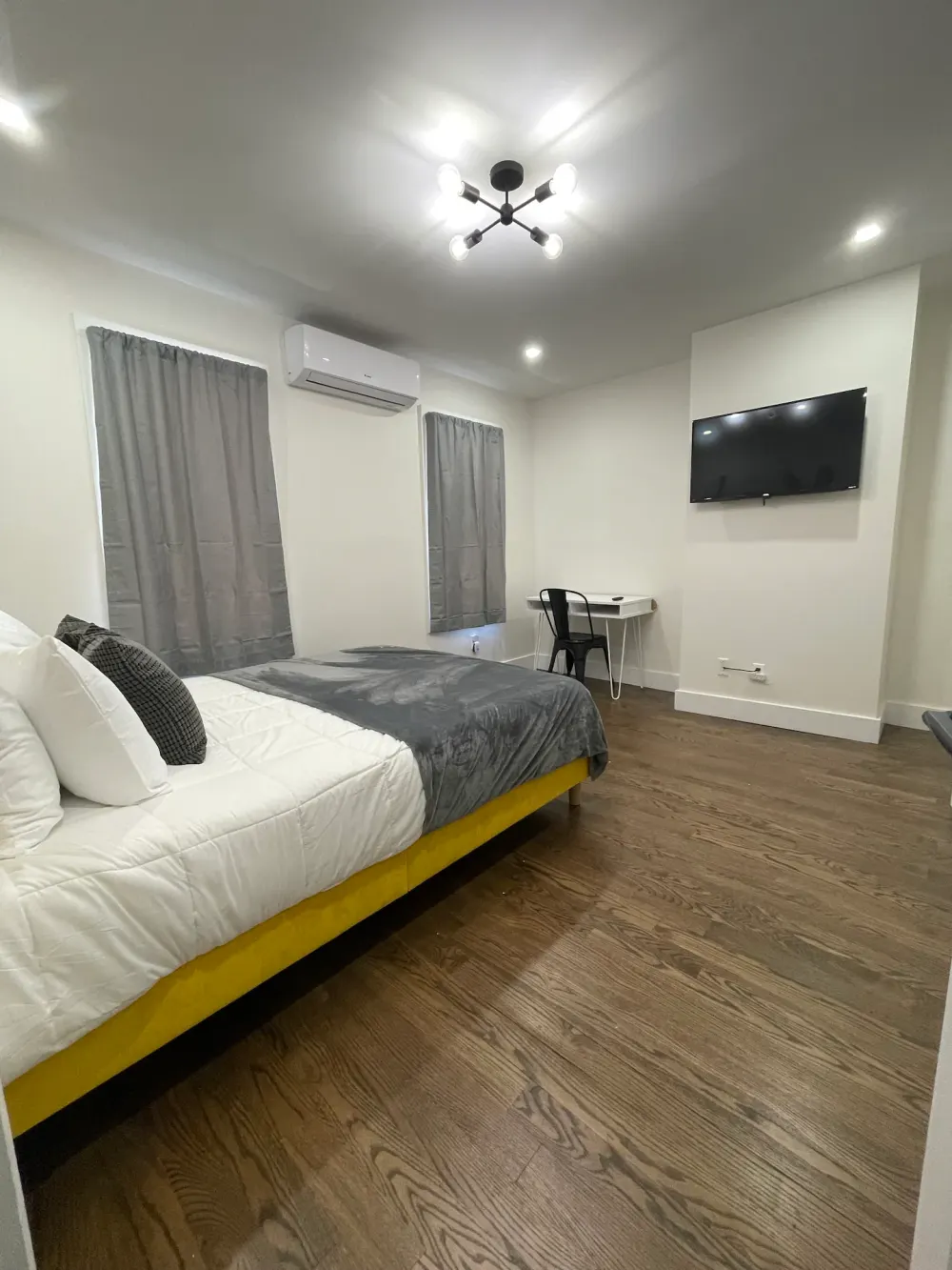 Modern bedroom with minimalist decor.