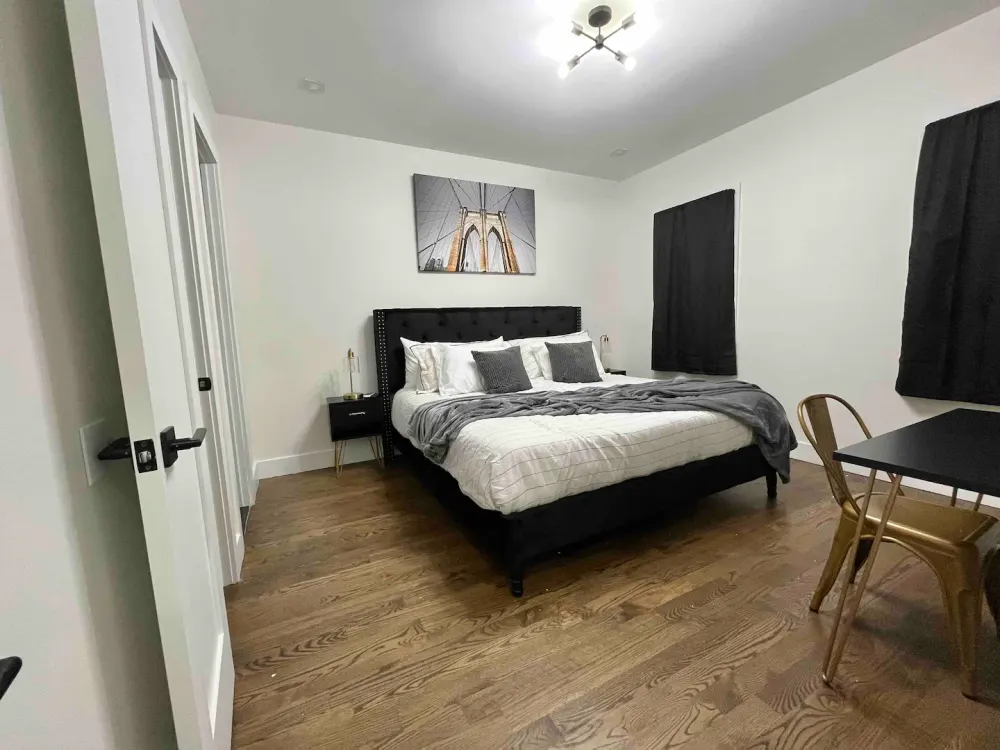 Modern bedroom with stylish decor.