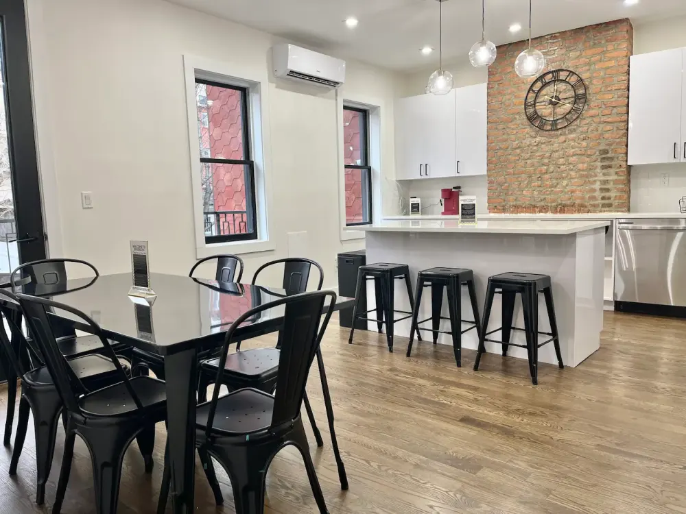 Modern kitchen with dining area.