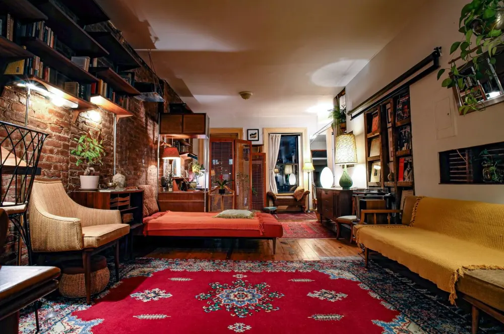 Cozy living room with vintage decor.